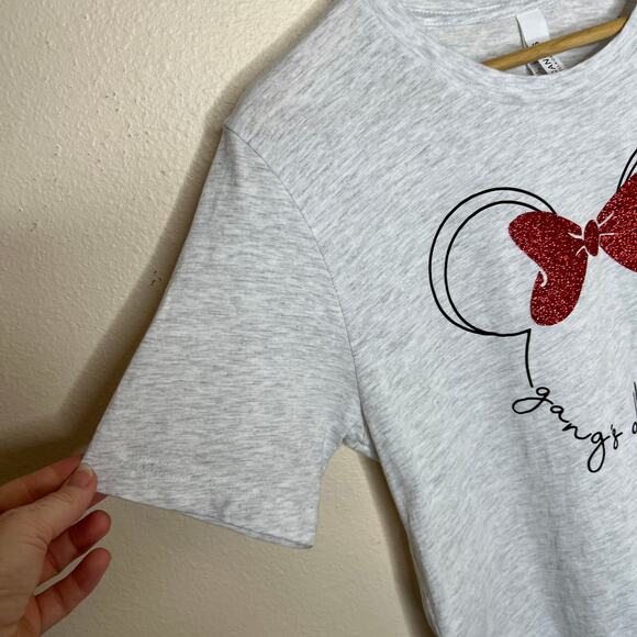 Minnie Mouse Gray Red Glitter "Gang' All Here" Tee Medium - Picture 3 of 9